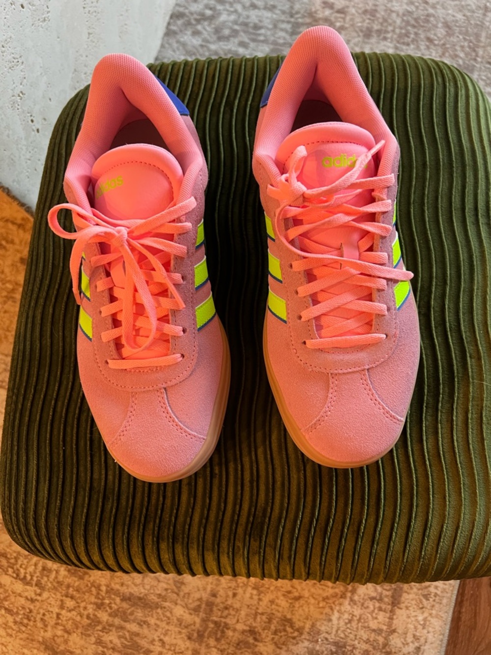 adidas Pink Suede Sneakers with Neon Yellow Stripes